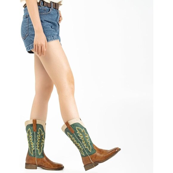 SheSole Womens Green Brown Cowboy Square Toe Cowgirl Wide Calf Western Boots - Picture 7 of 9